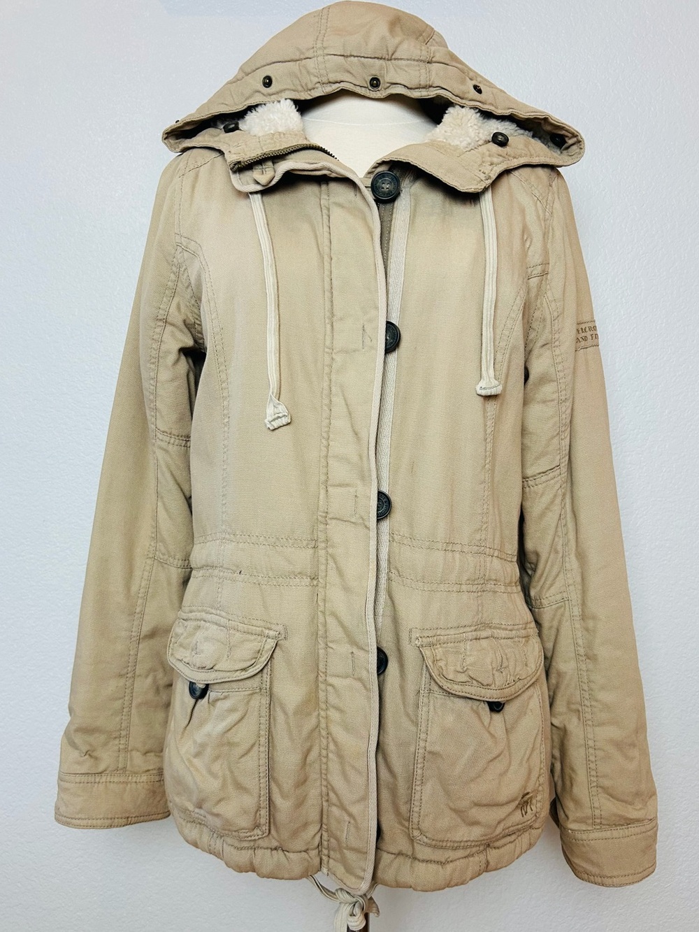 Abercrombie & Fitch Parka Coat Women's L Tan Beige Cargo Jacket Hooded Lined